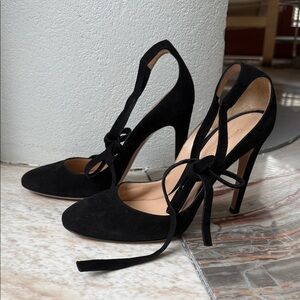 Gianvito Rossi Black Suede Lace-Up Heels Pumps Round Toe EU 37.5 100mm